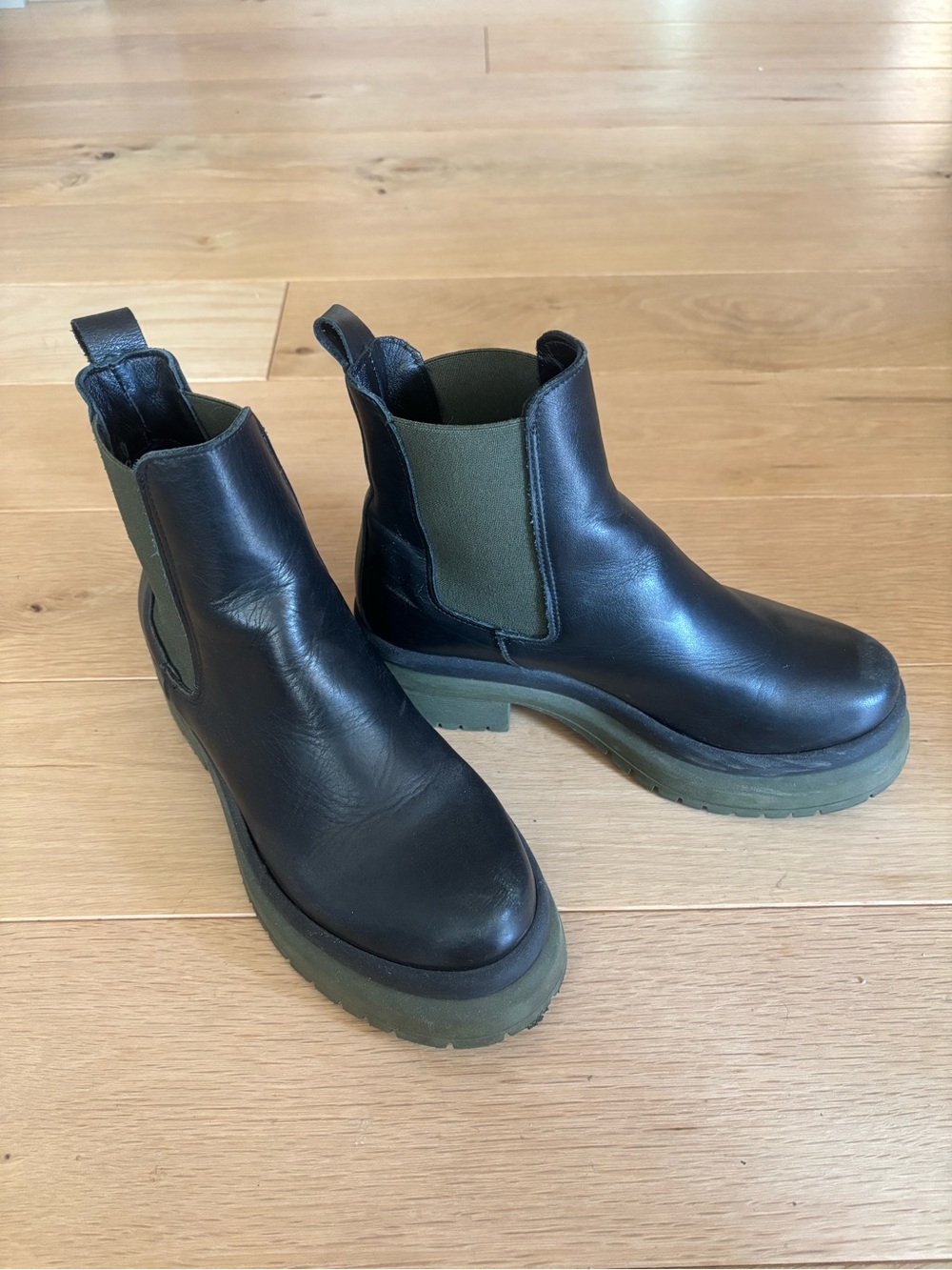 Baldinini Black Leather Chelsea Boots with Olive Green Platform